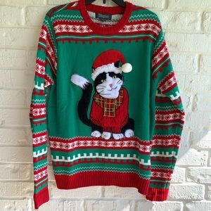 Santa Fuzzy Cat Ugly Christmas Sweater Green Red